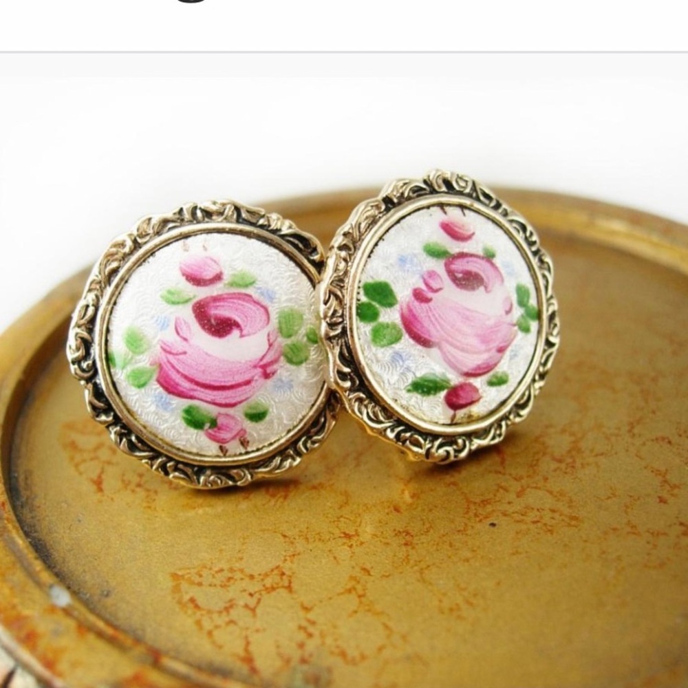 Vintage Guilloche Floral Elegant Enamel Gold & Pink Rose Cufflinks